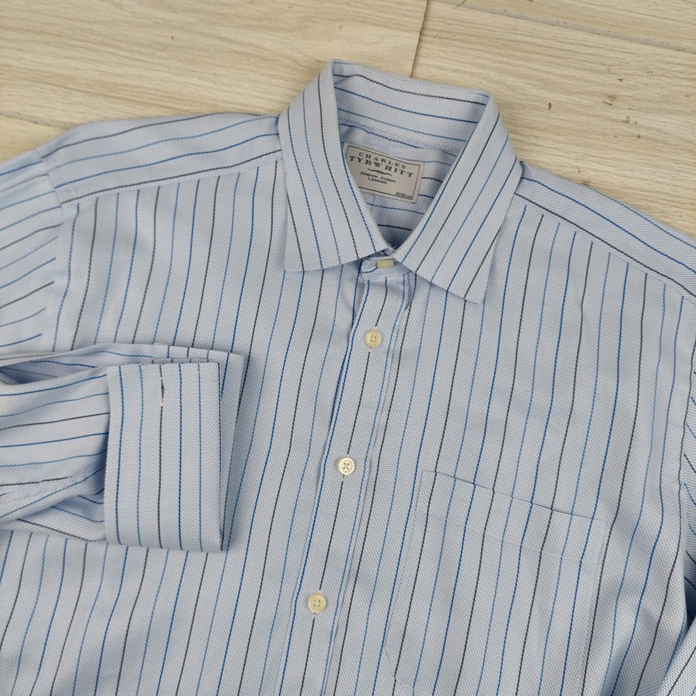 Charles Tyrwhitt Dress Shirt 16.5‎ 34 Blue French Cuff Tweed Pinstripe Formal